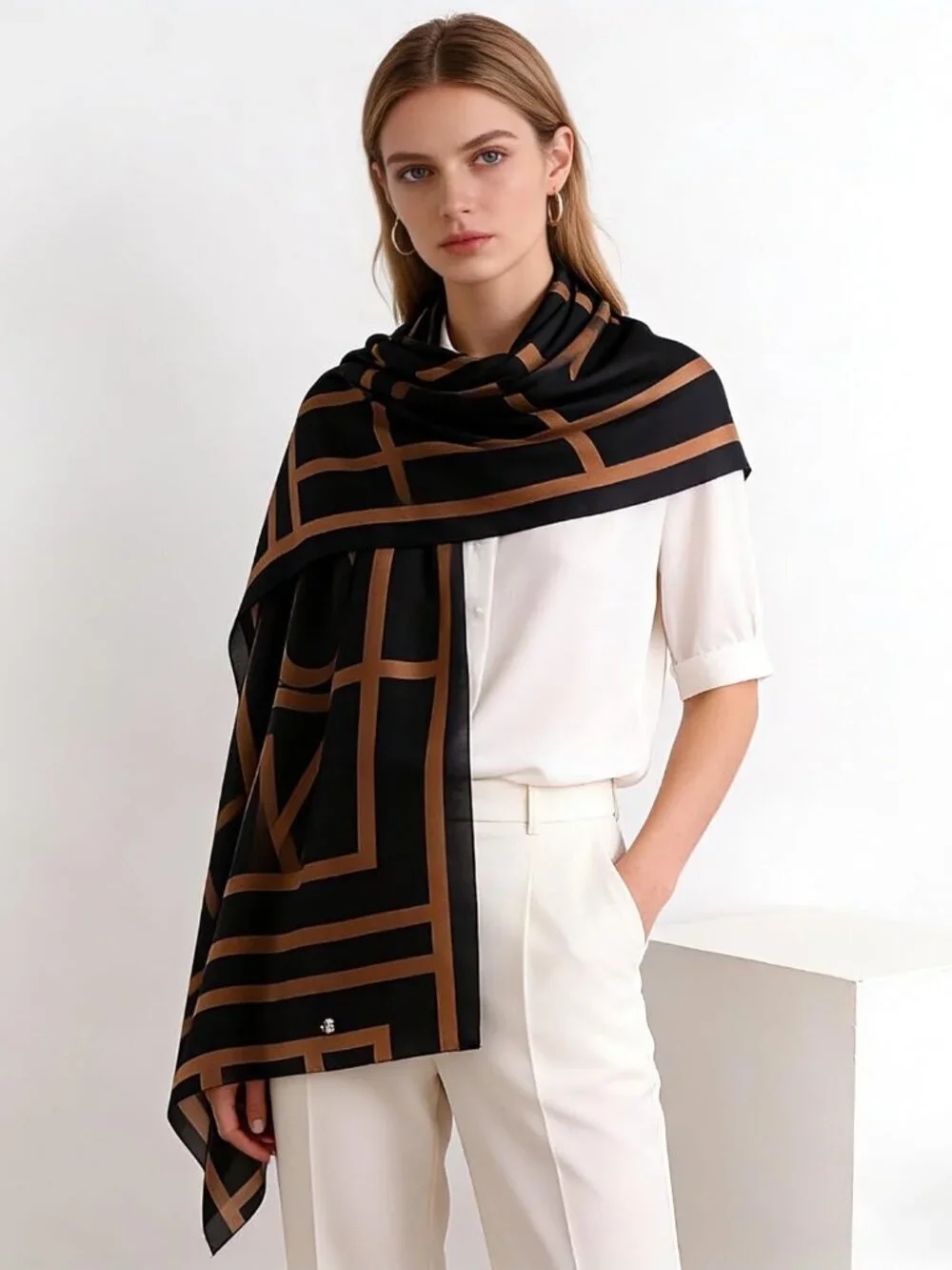 Women's Black Lightweight Silk Like Scarves Flower Print Head Cotton Wrap Scarf